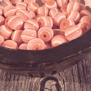 Vintage 70s Lucite Acrylic Striped 12mm Round Pink White Beads 10 pcs